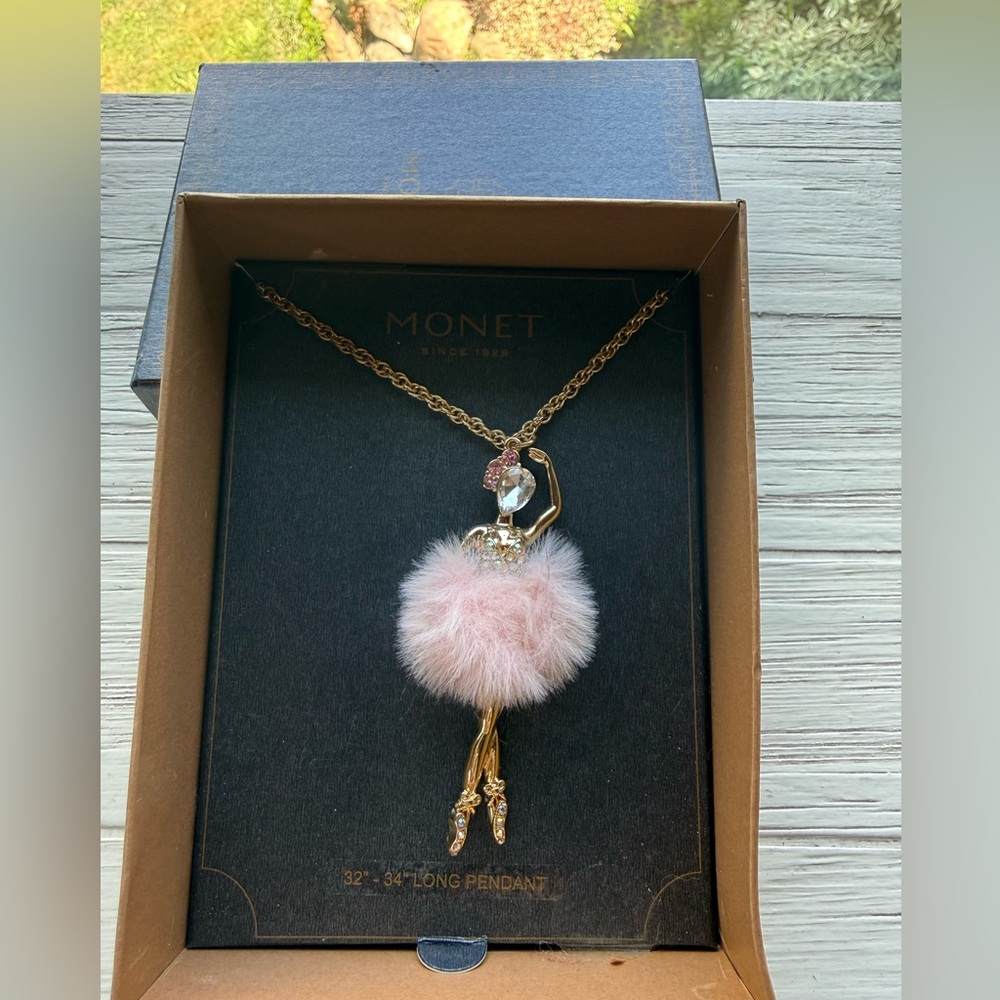 Monet Gold-Tone Ballerina Necklace with Light Pink Pom-Pom